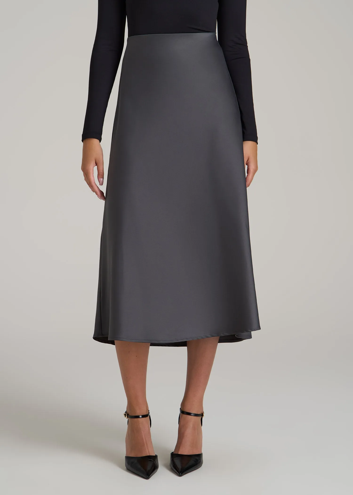 Pull-On Satin Midi Skirt for Tall Women in Charcoal sold by American Tall