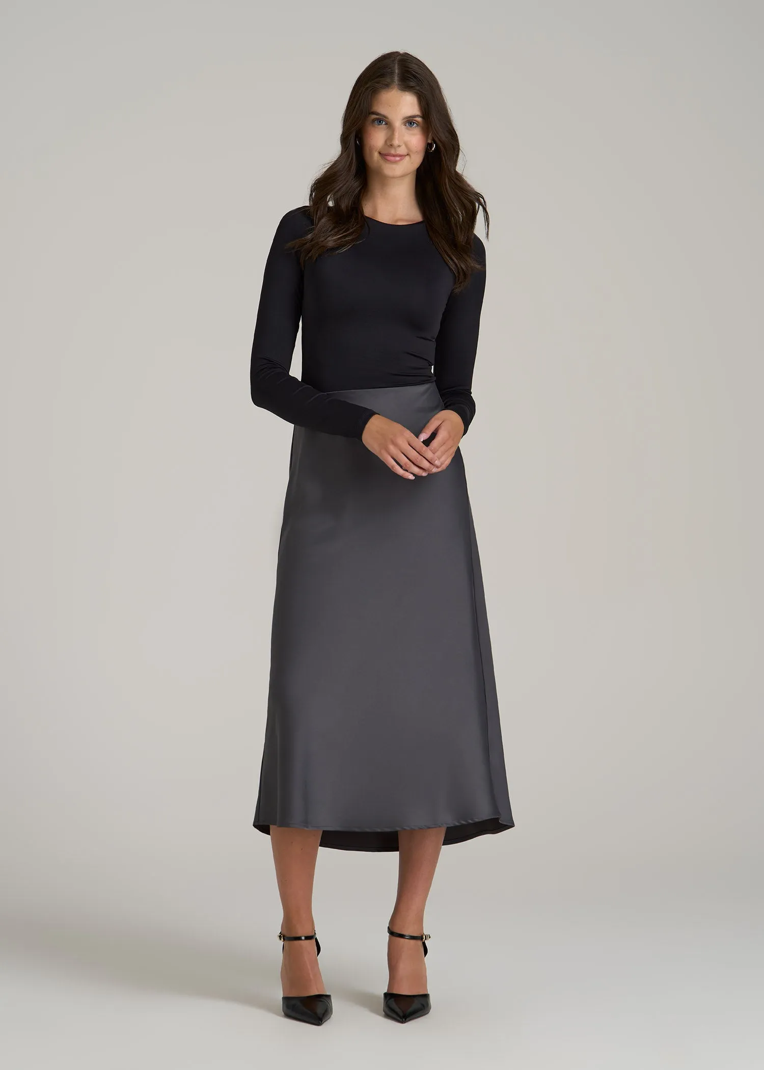 Pull-On Satin Midi Skirt for Tall Women in Charcoal sold by American Tall product image thumbnail 4