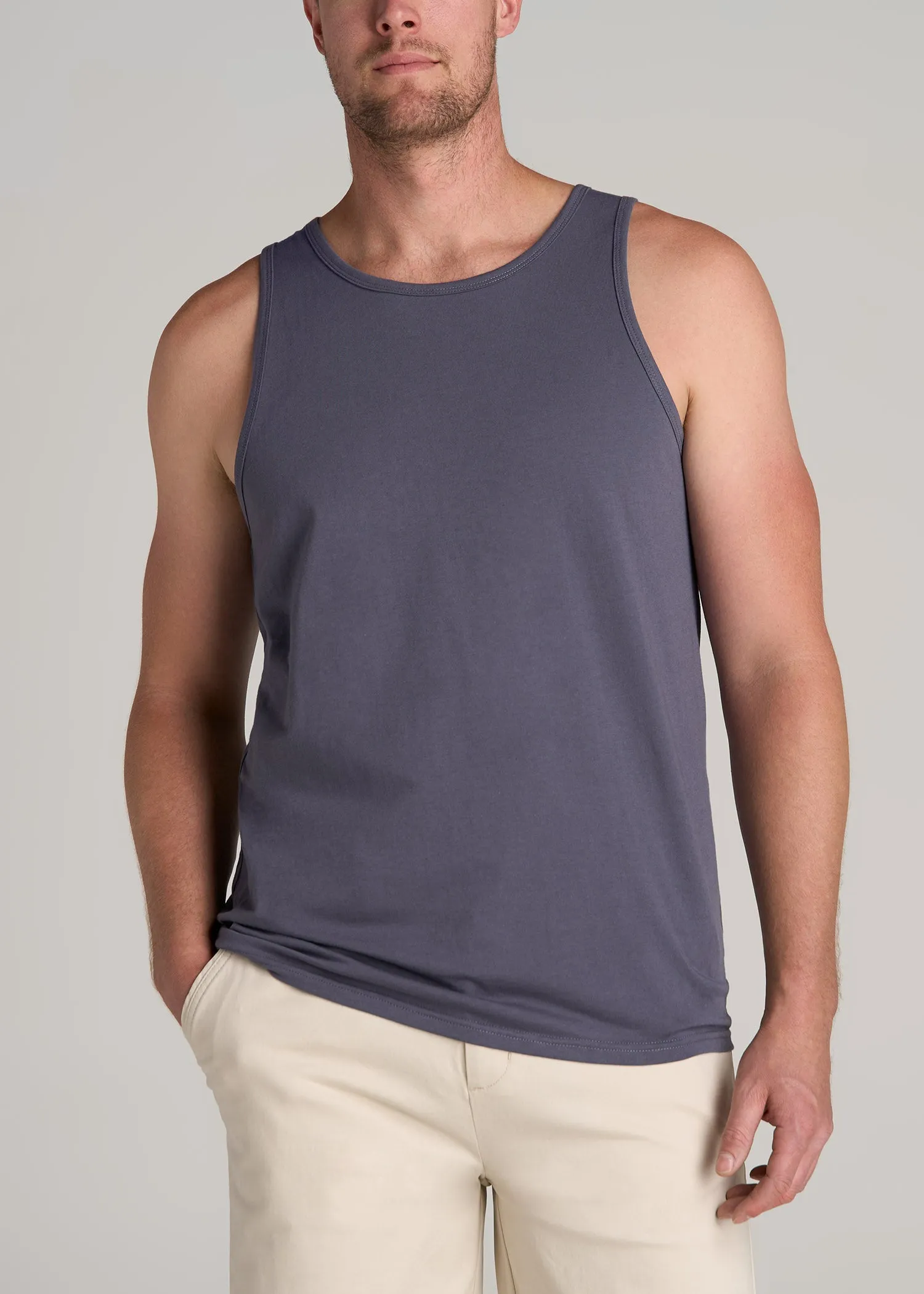 The Essentials: Men's Tall SLIM-FIT Beach Tank Top in Grey Blue sold by American Tall