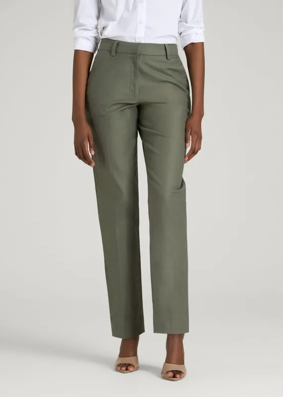 Stretch Linen Blend Dress Pants for Tall Women in Olive made by American Tall