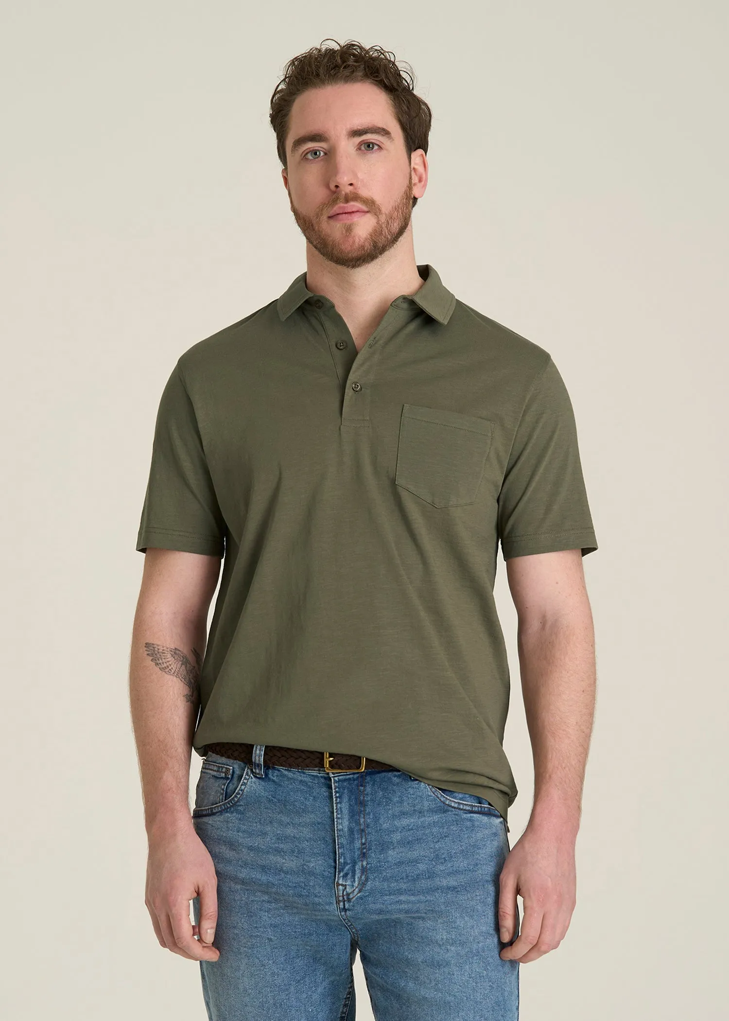 Slub Knit Polo with Pocket for Tall Men in Olive sold by American Tall