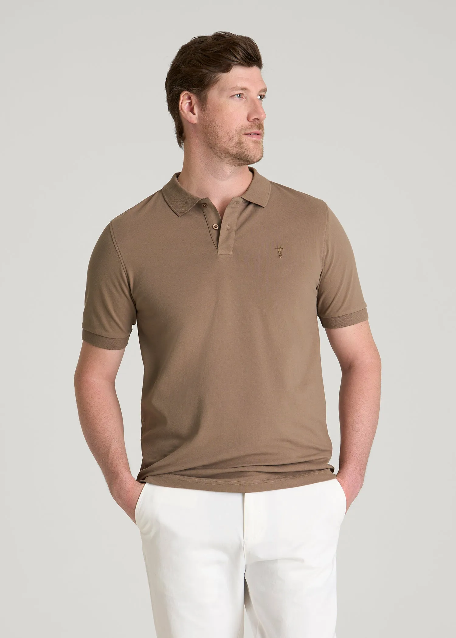 Classic Polo with Embroidered Logo for Tall Men in Warm Brown sold by American Tall