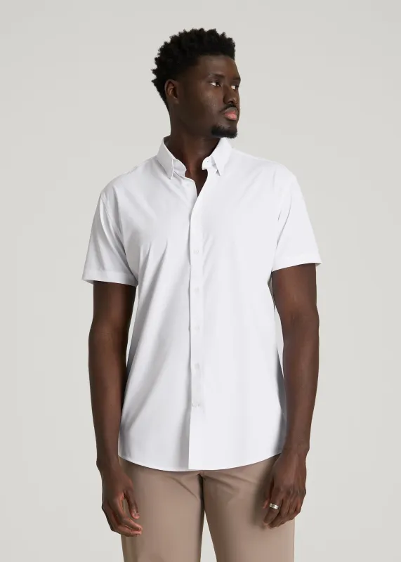 Short Sleeve Traveler Stretch Button Shirt for Tall Men in White made by American Tall