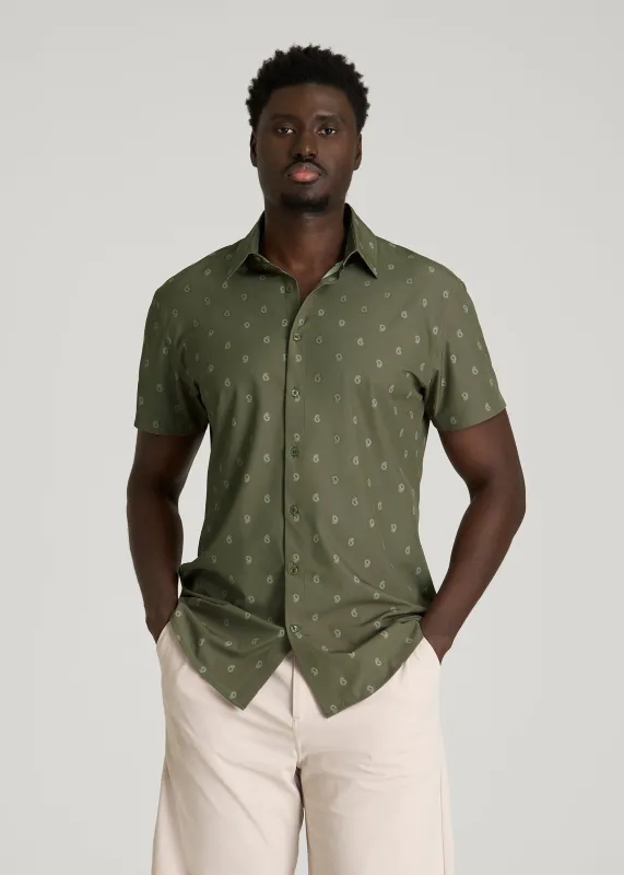 Short Sleeve Traveler Stretch Button Shirt for Tall Men in Olive Mini Paisley made by American Tall
