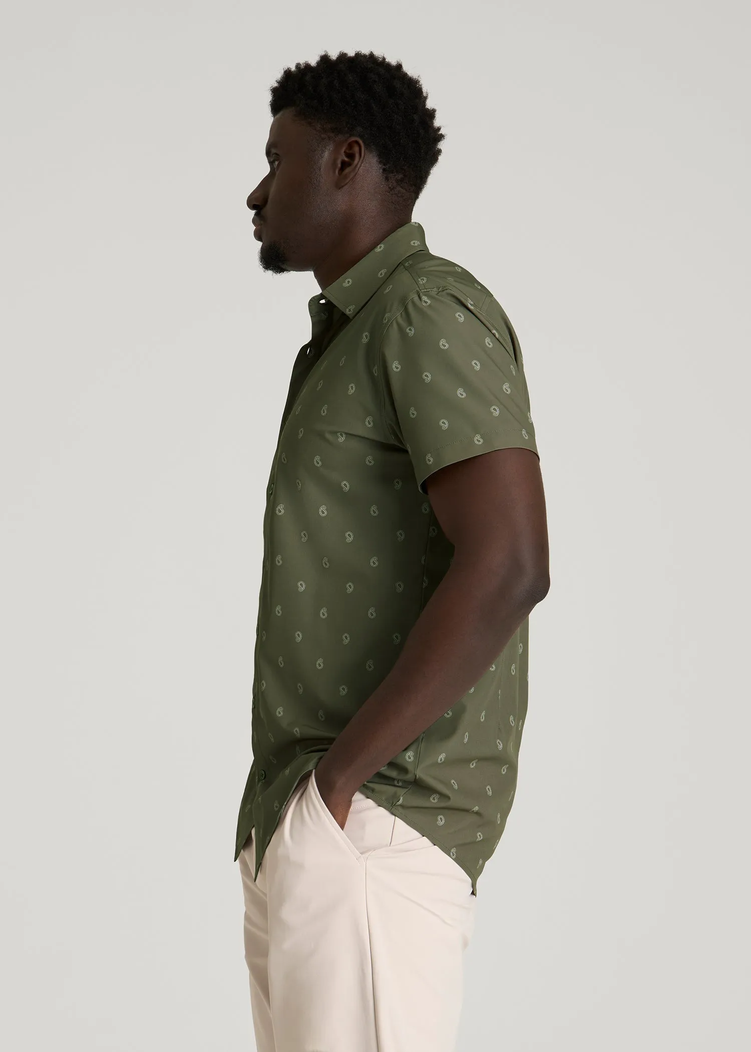 Short Sleeve Traveler Stretch Button Shirt for Tall Men in Olive Mini Paisley sold by American Tall product image thumbnail 3