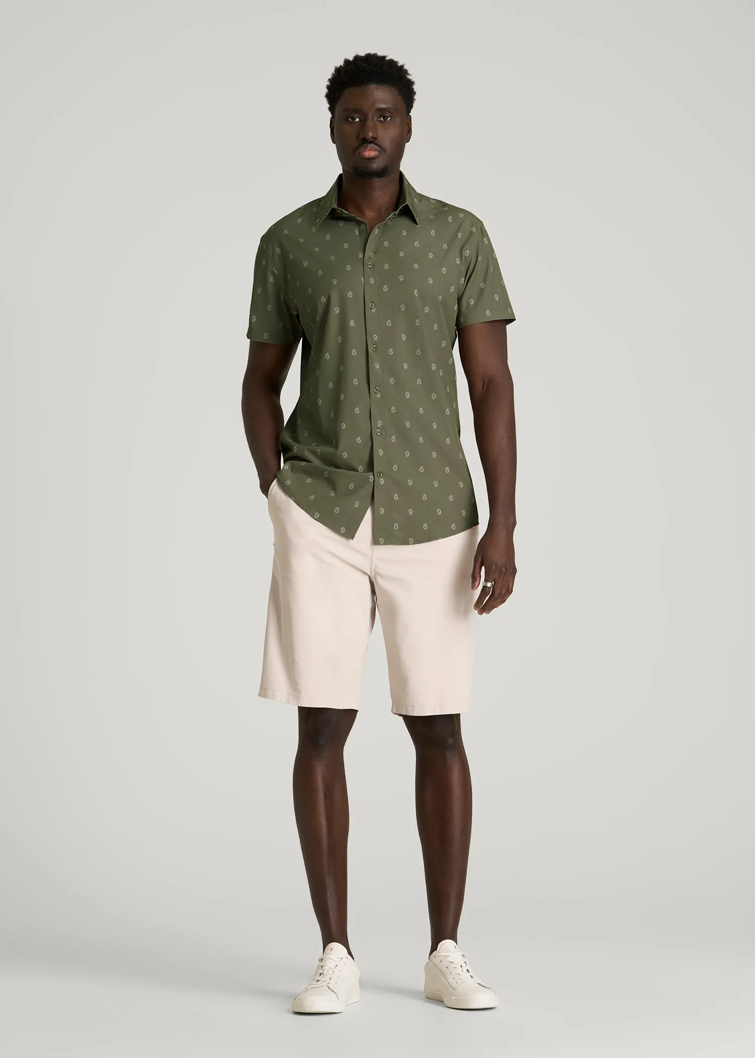 Short Sleeve Traveler Stretch Button Shirt for Tall Men in Olive Mini Paisley sold by American Tall product image thumbnail 4
