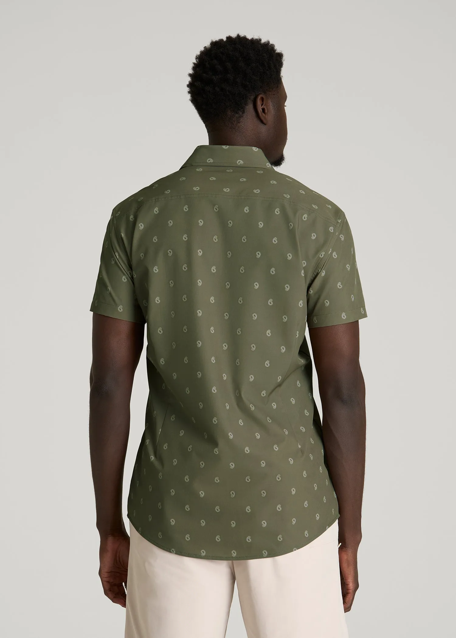 Short Sleeve Traveler Stretch Button Shirt for Tall Men in Olive Mini Paisley sold by American Tall product image thumbnail 5