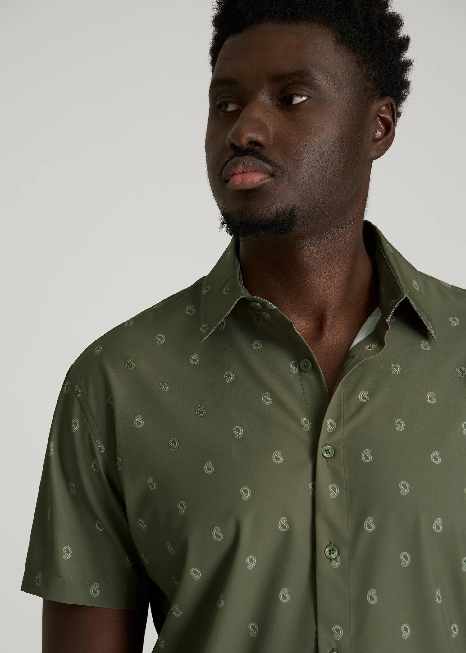 Short Sleeve Traveler Stretch Button Shirt for Tall Men in Olive Mini Paisley sold by American Tall product image thumbnail 2
