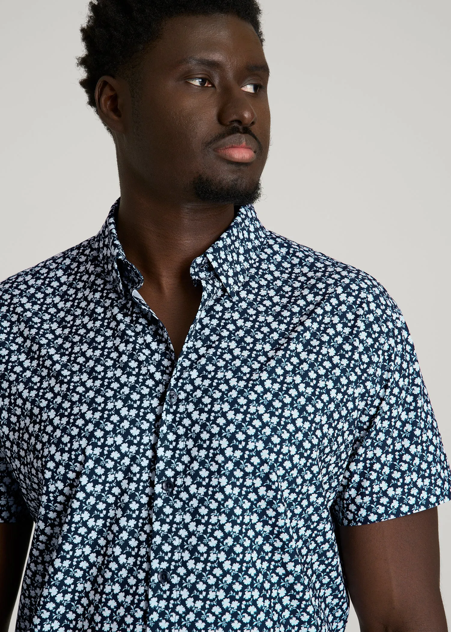 Short Sleeve Traveler Stretch Button Shirt for Tall Men in Ice Blue Mini Floral sold by American Tall product image thumbnail 2