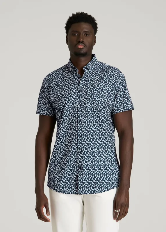 Short Sleeve Traveler Stretch Button Shirt for Tall Men in Ice Blue Mini Floral made by American Tall