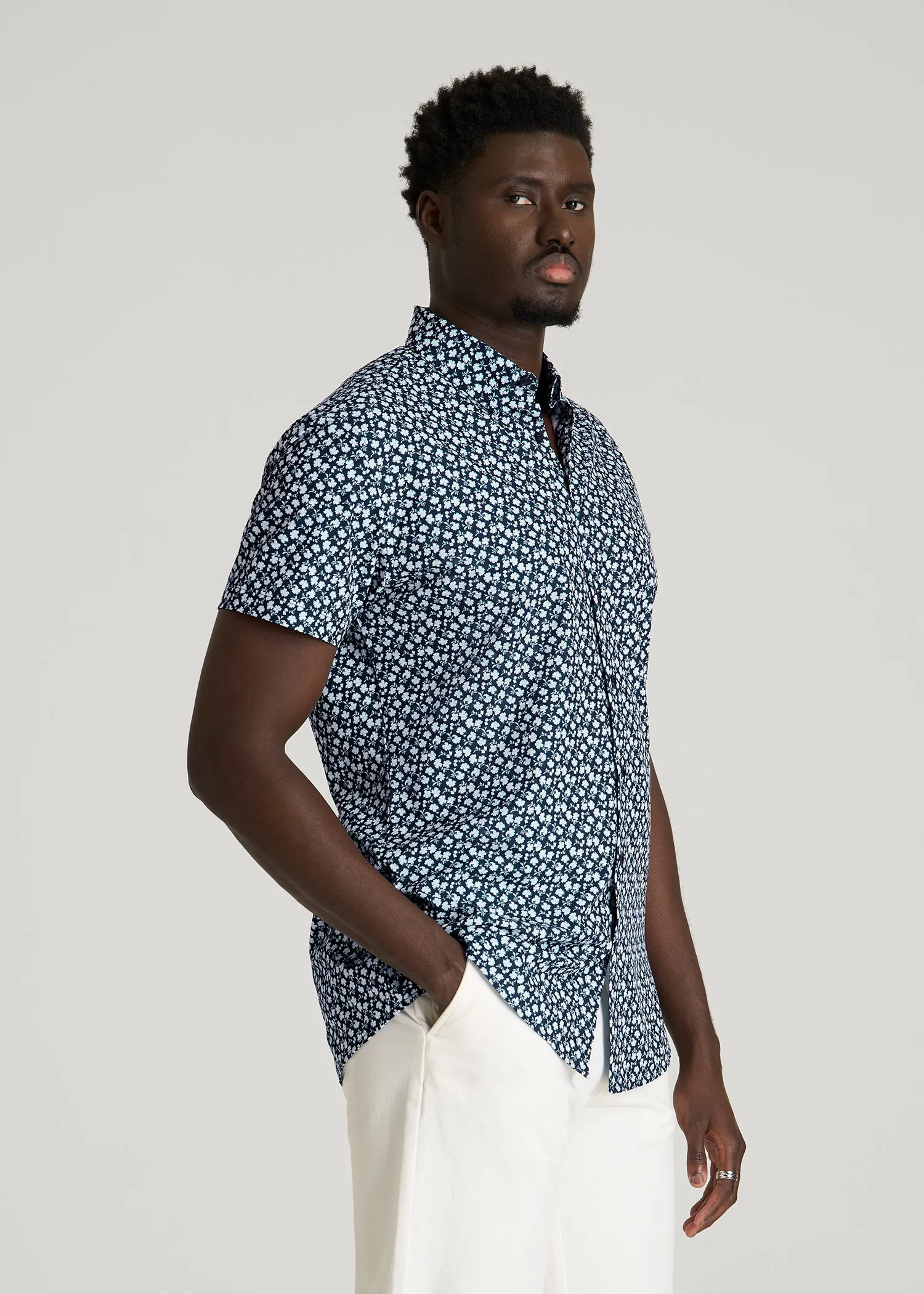 Short Sleeve Traveler Stretch Button Shirt for Tall Men in Ice Blue Mini Floral sold by American Tall product image thumbnail 3