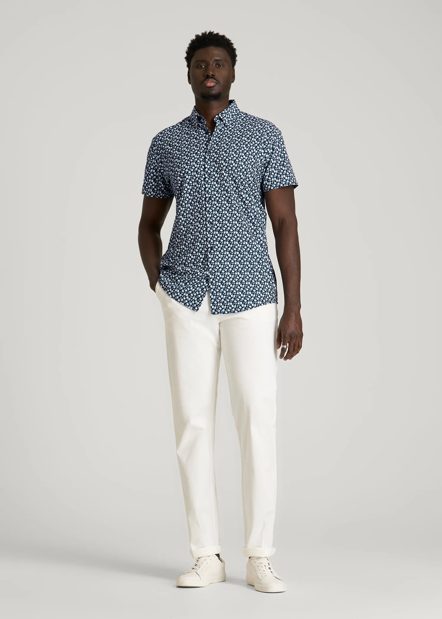 Short Sleeve Traveler Stretch Button Shirt for Tall Men in Ice Blue Mini Floral sold by American Tall product image thumbnail 4