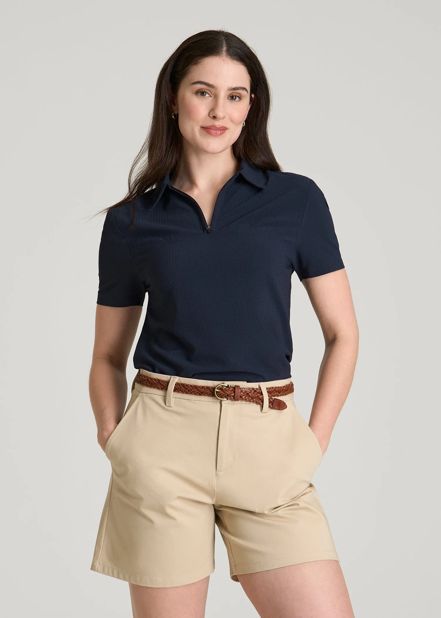 Coastal Perforated Short Sleeve Golf Polo for Tall Women in Navy sold by American Tall