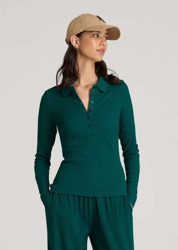 Ribbed Knit Long Sleeve Polo for Tall Women in Deep Teal made by American Tall