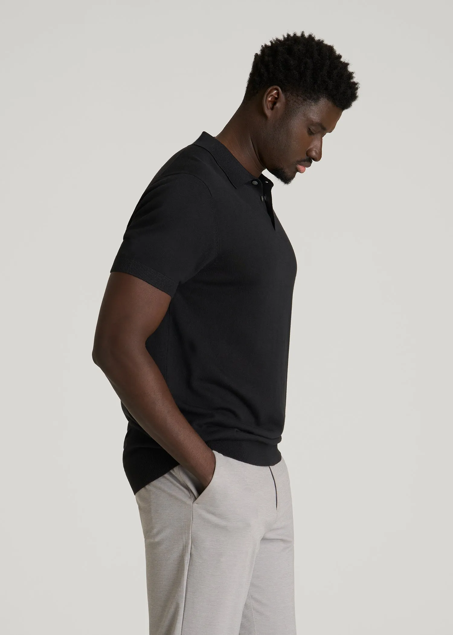 Linen Blend Knit Polo for Tall Men in Black sold by American Tall product image thumbnail 3