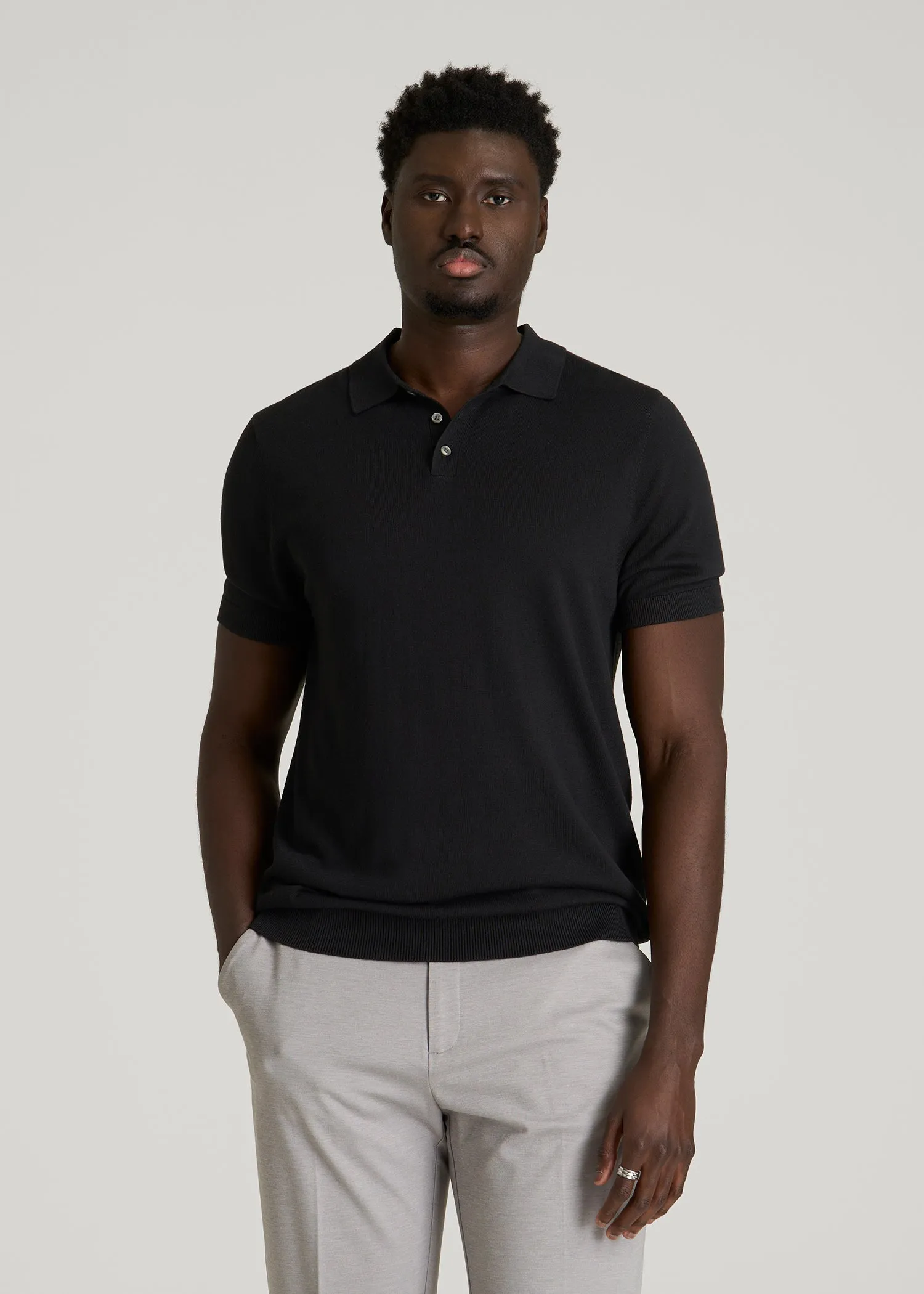 Linen Blend Knit Polo for Tall Men in Black sold by American Tall