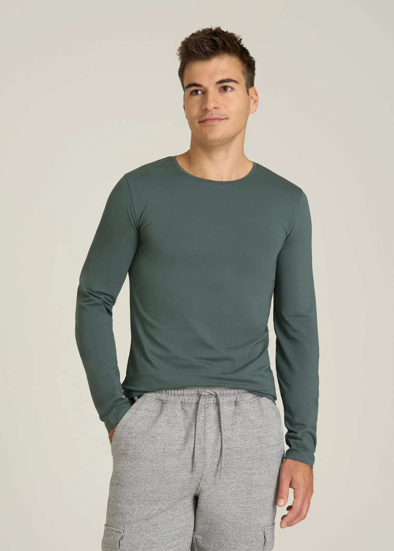 The Essential Slim Fit Long Sleeve Tee for Tall Men in Balsam Green sold by American Tall