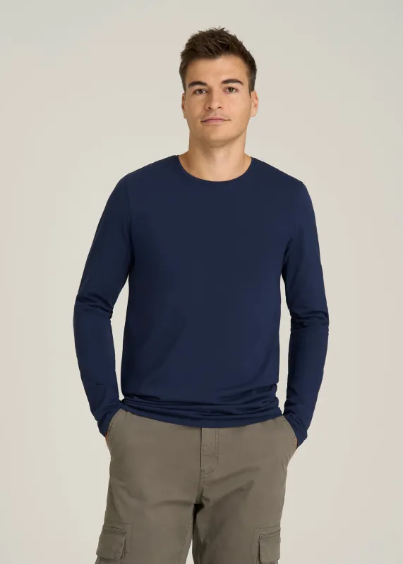 The Essential Modern Fit Crewneck Long Sleeve Tee for Tall Men in Navy made by American Tall