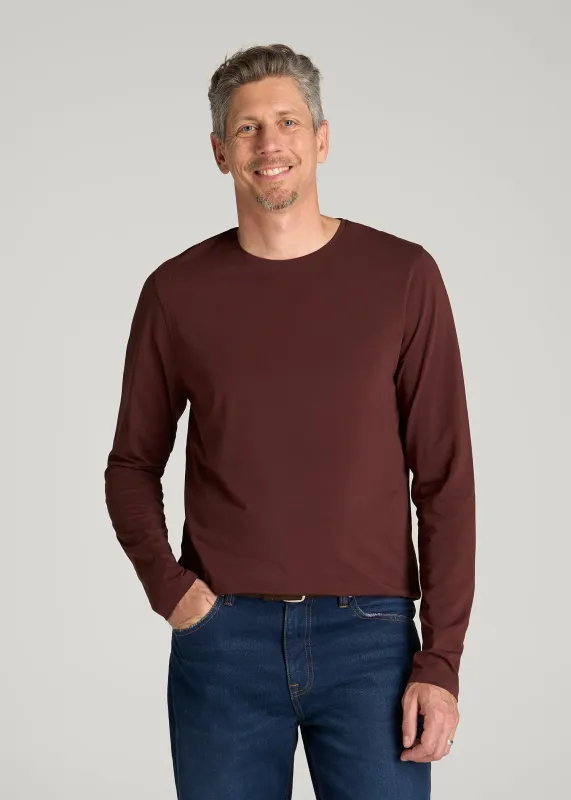 The Essential Modern Fit Crewneck Long Sleeve Tee for Tall Men in Rum Raisin made by American Tall