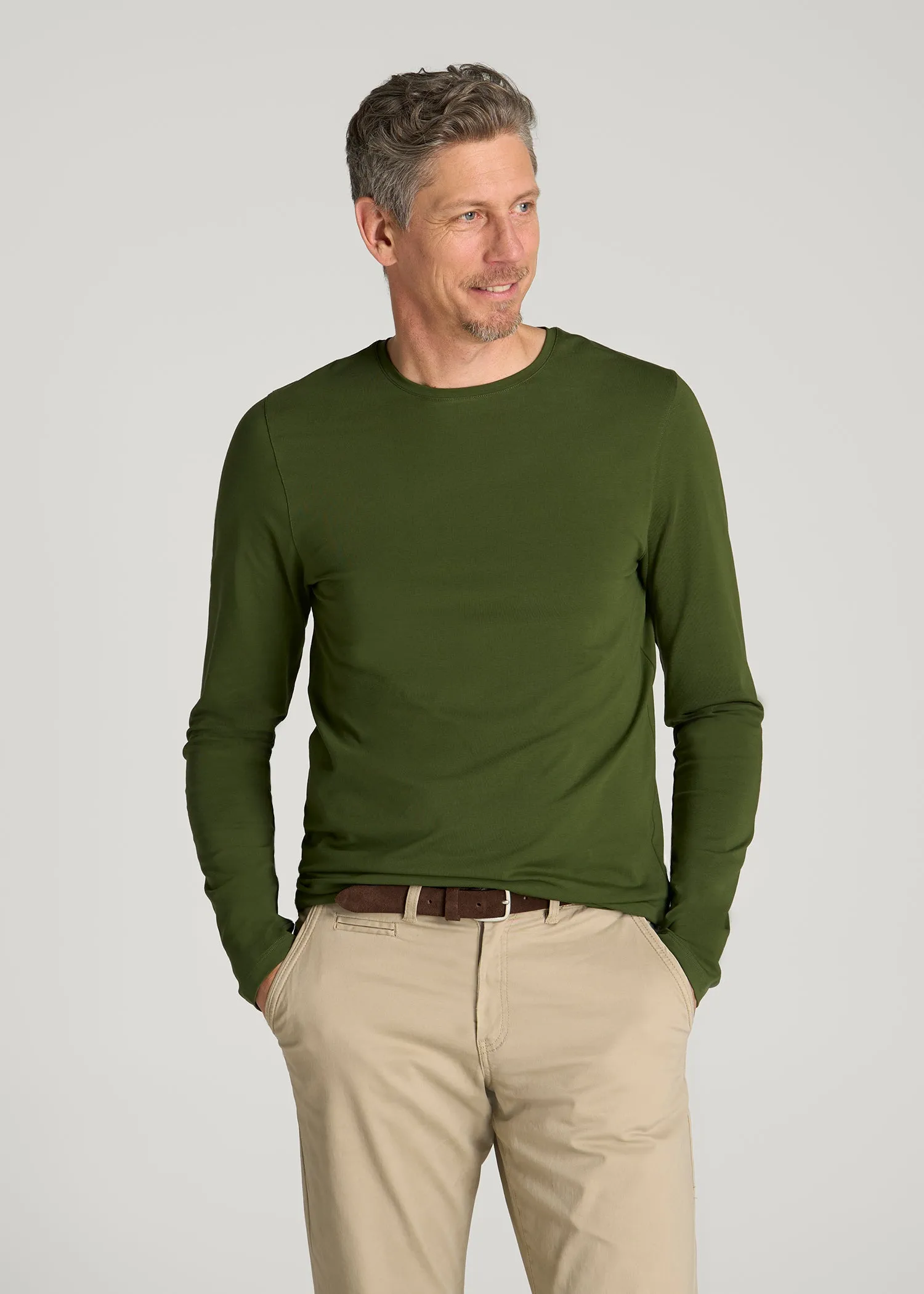 The Essential Modern Fit Crewneck Long Sleeve Tee for Tall Men in Bay Leaf sold by American Tall