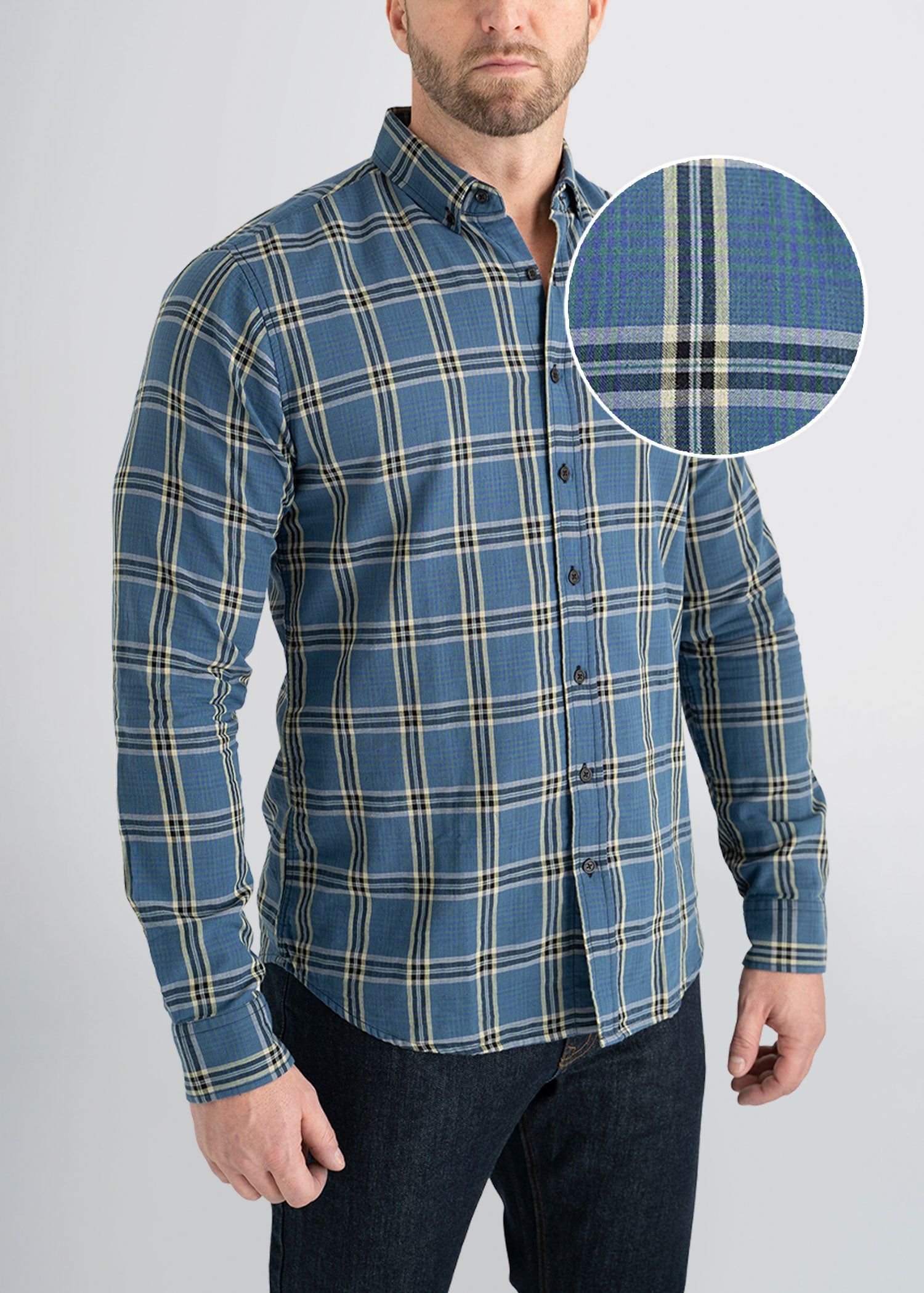 Double-Weave Button-Up Shirt for Tall Men in Blue Plaid sold by American Tall