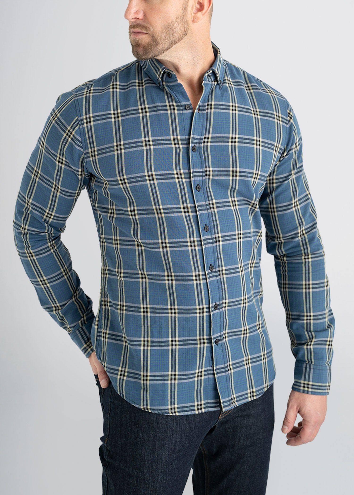 Double-Weave Button-Up Shirt for Tall Men in Blue Plaid sold by American Tall product image thumbnail 3