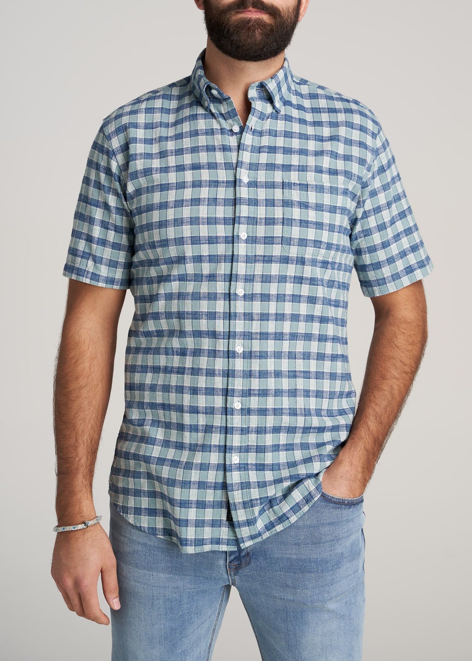 Short Sleeve Shirt for Tall Men in Eucalyptus & Blue Plaid sold by American Tall