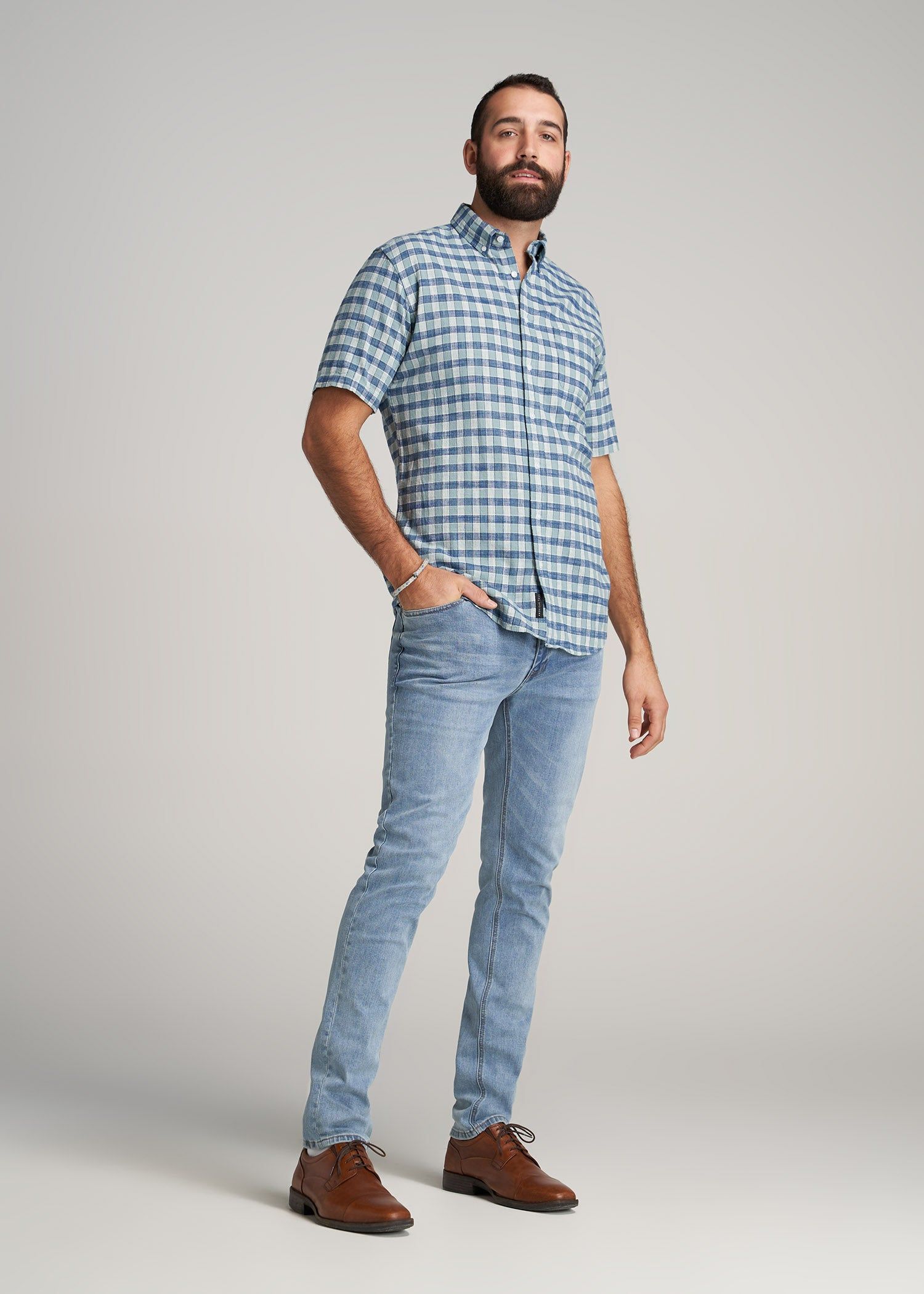 Short Sleeve Shirt for Tall Men in Eucalyptus & Blue Plaid sold by American Tall product image thumbnail 4