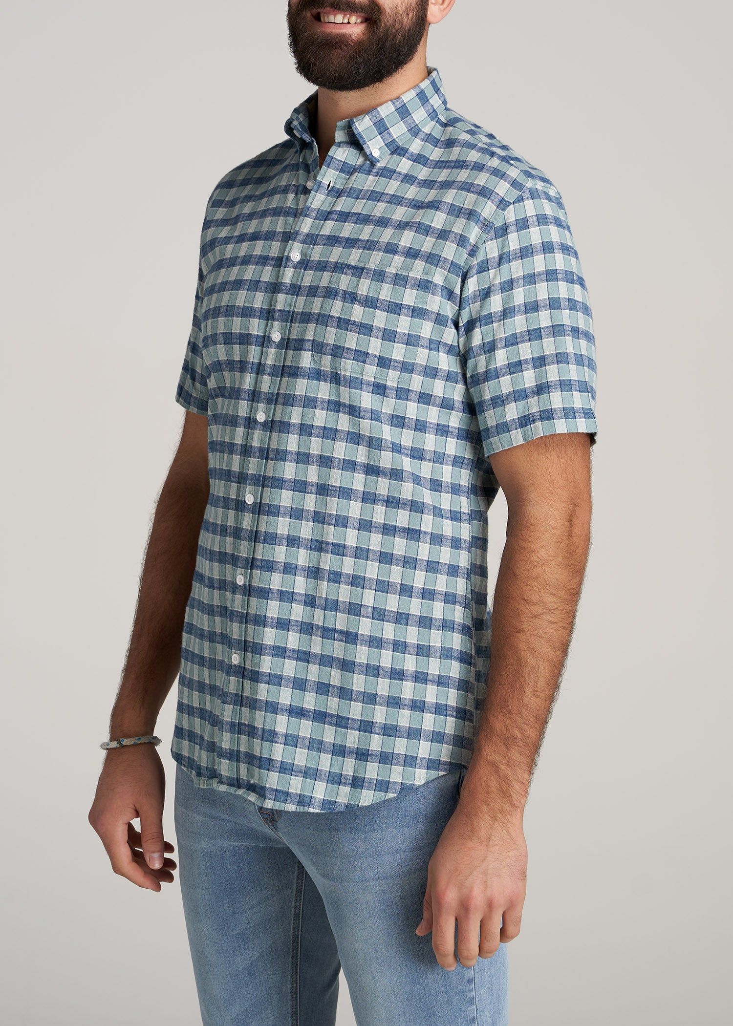 Short Sleeve Shirt for Tall Men in Eucalyptus & Blue Plaid sold by American Tall product image thumbnail 3