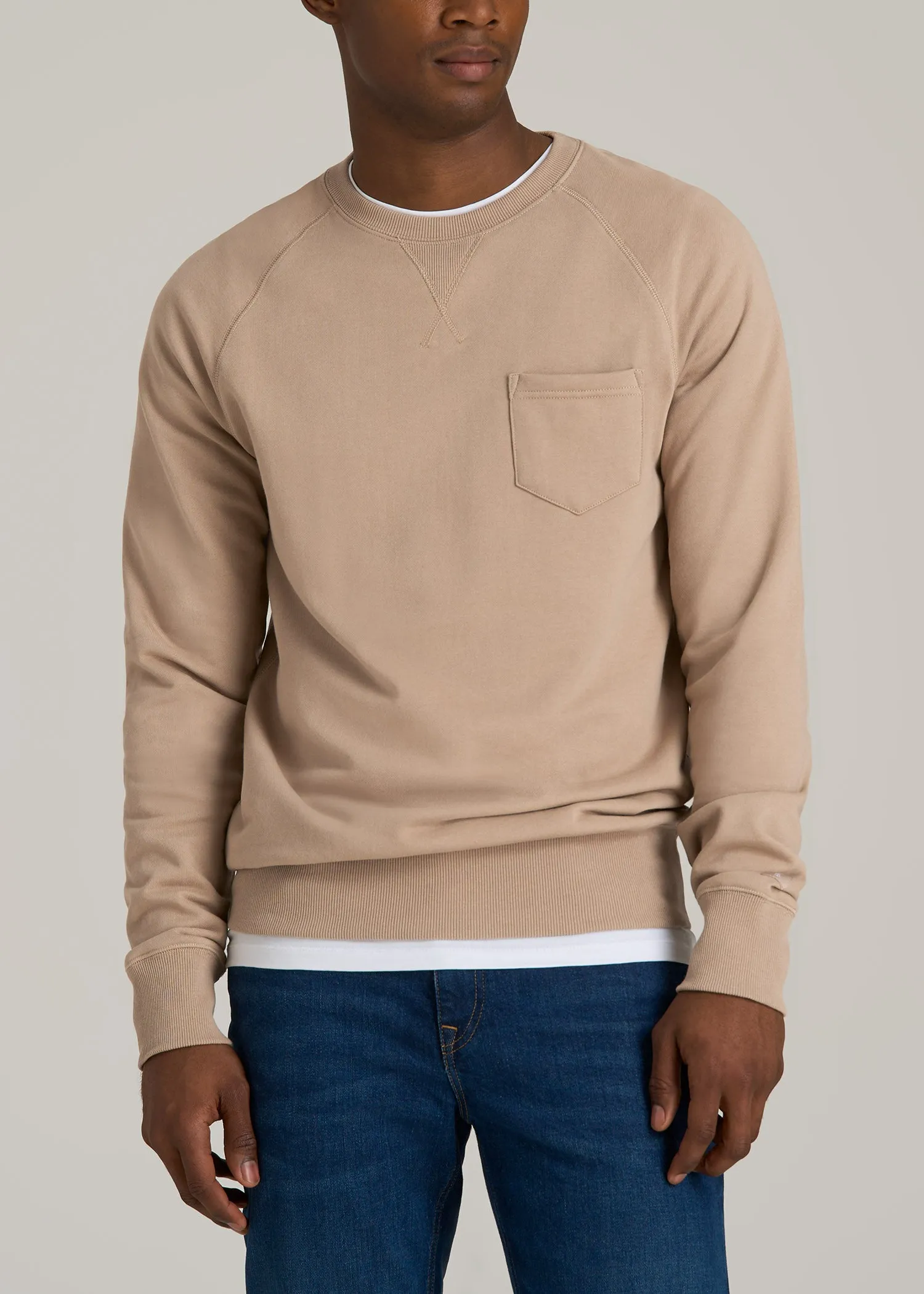 Wearever 2.0 French Terry Crewneck Sweatshirt for Tall Men in Light Camel sold by American Tall