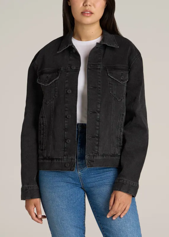 Women's Relaxed Denim Jacket for Tall Women in Black Stone Wash sold by American Tall