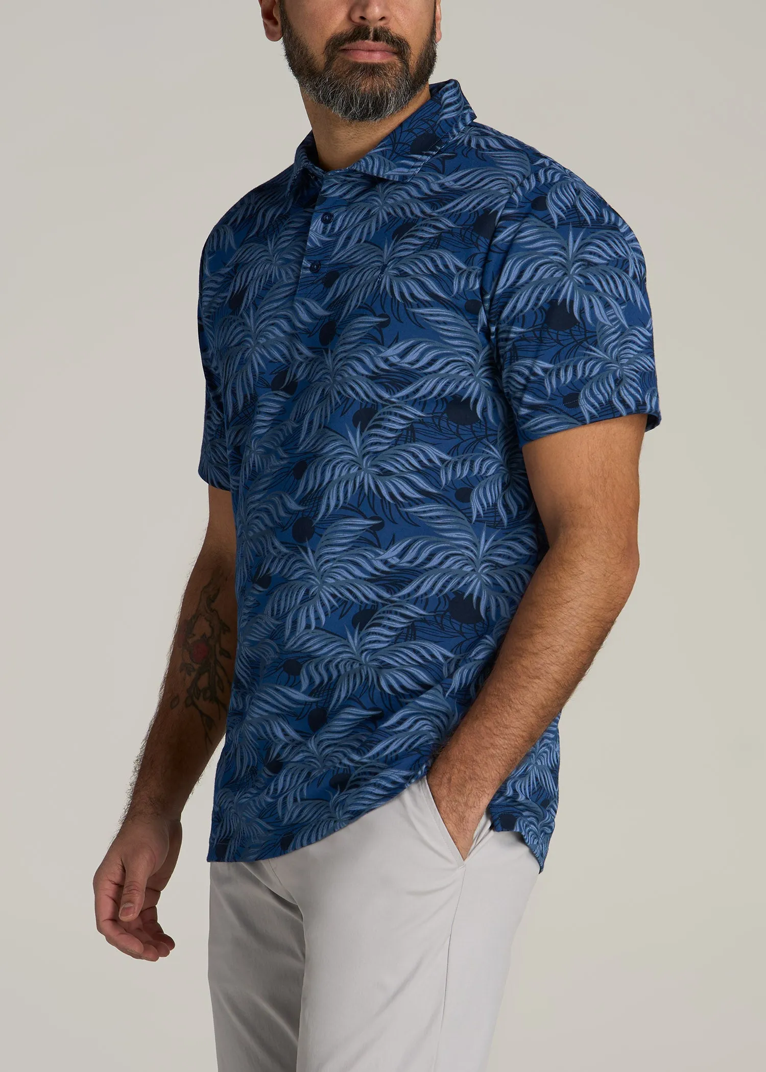 Cotton Stretch Print Polo Shirt for Tall Men in Blue Palm sold by American Tall product image thumbnail 3