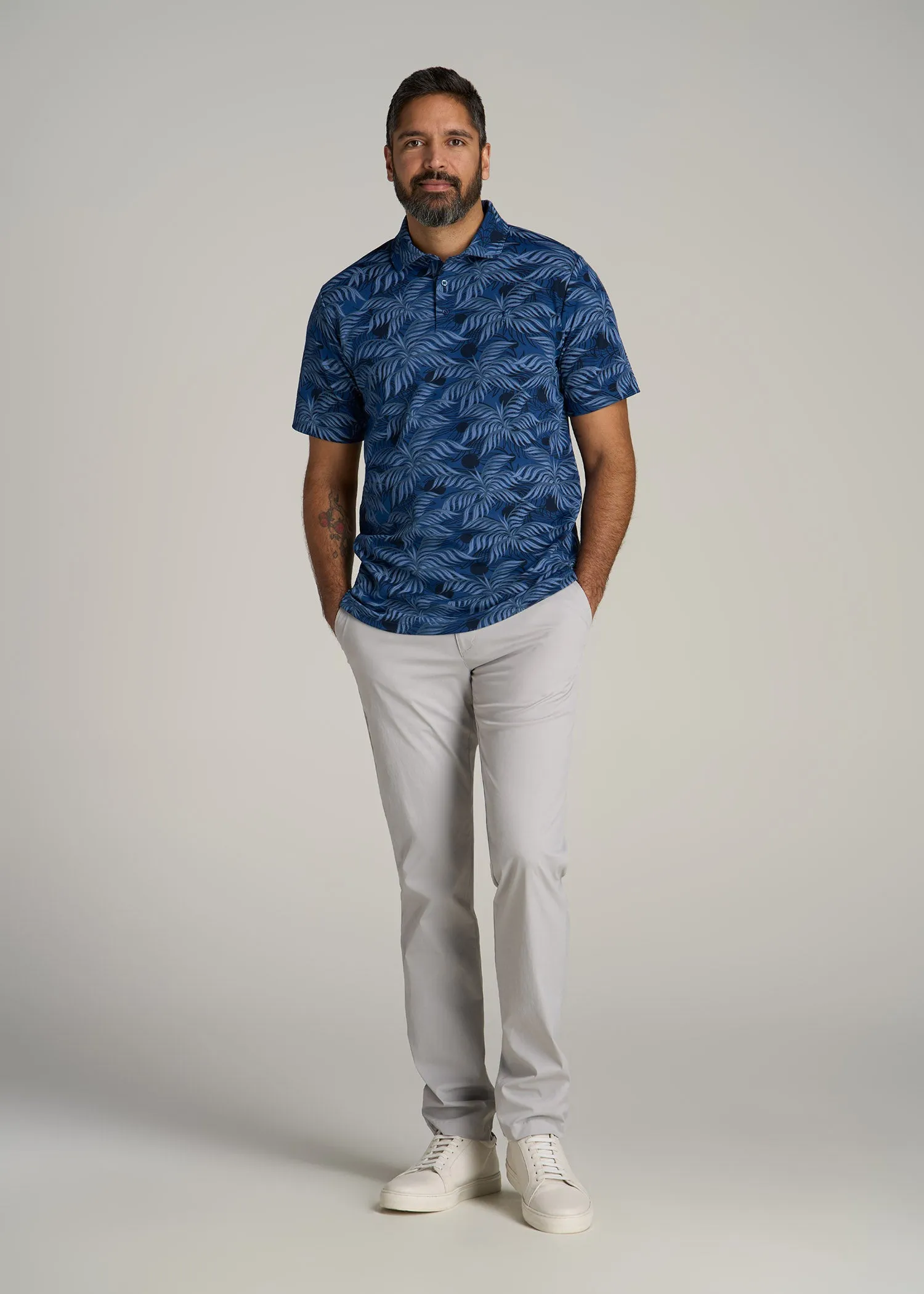 Cotton Stretch Print Polo Shirt for Tall Men in Blue Palm sold by American Tall product image thumbnail 4