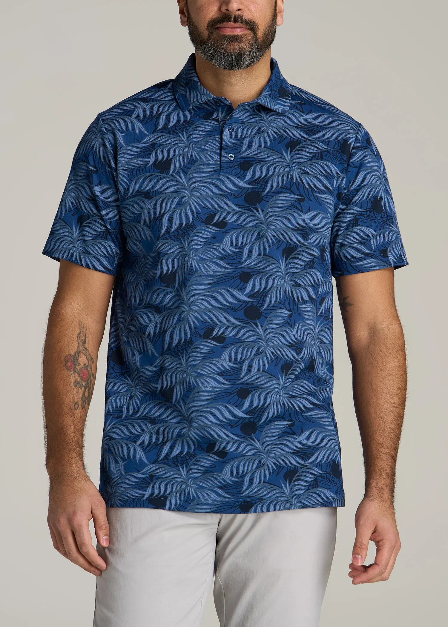 Cotton Stretch Print Polo Shirt for Tall Men in Blue Palm sold by American Tall