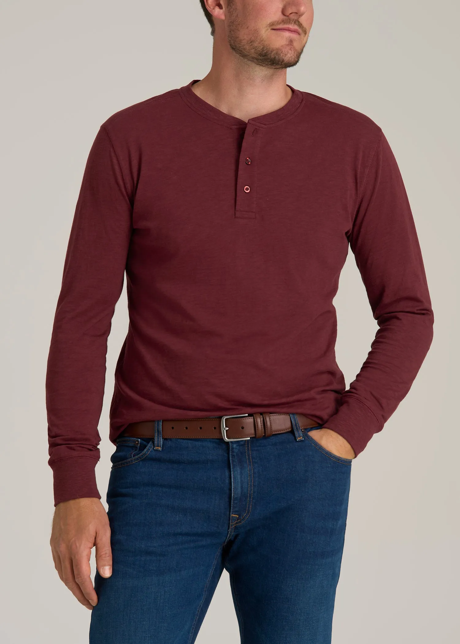Men's Tall Three Button Long Sleeve Slub Henley in Red Ochre sold by American Tall