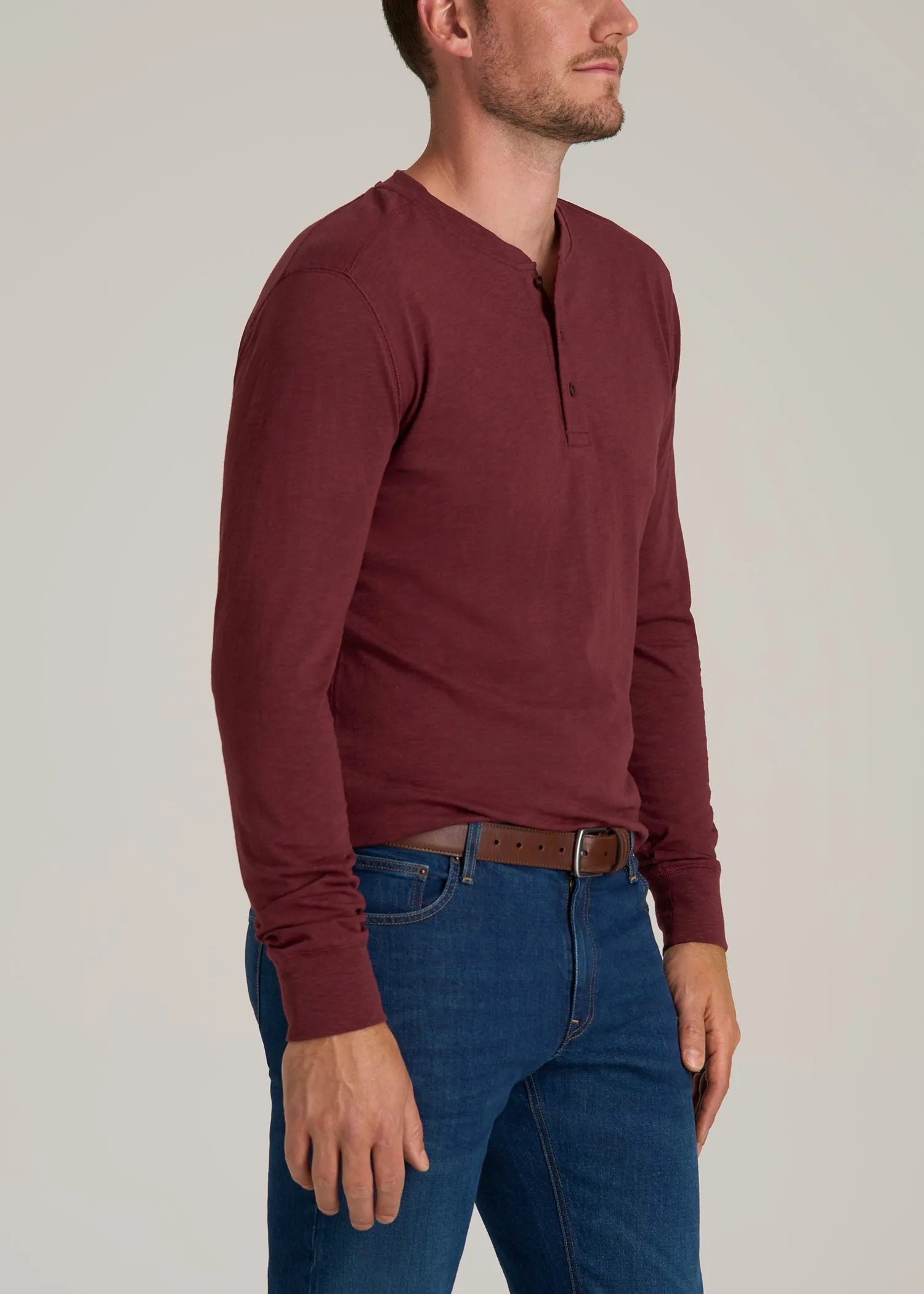 Men's Tall Three Button Long Sleeve Slub Henley in Red Ochre sold by American Tall product image thumbnail 3
