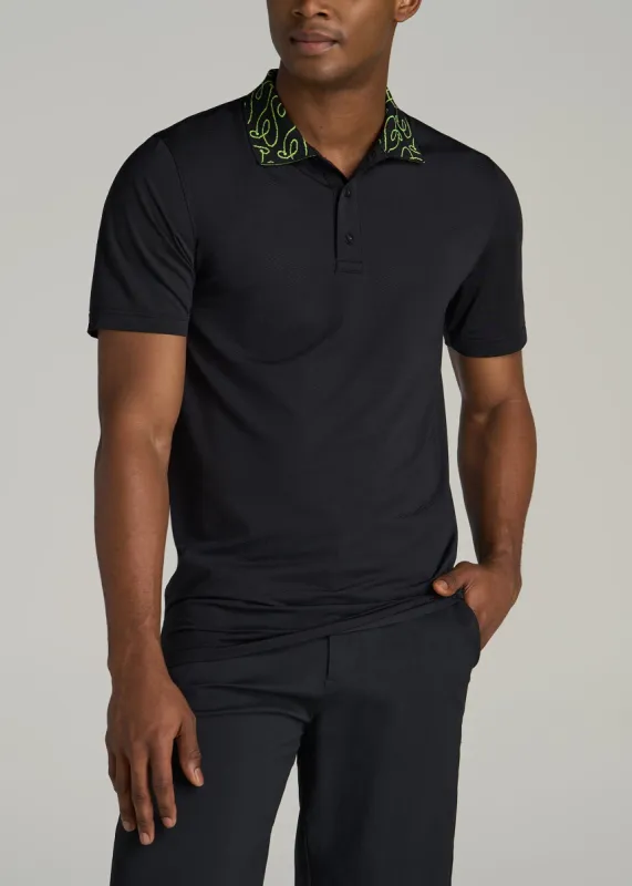 Jacquard Knit Collar Golf Polo Shirt for Tall Men in Black sold by American Tall