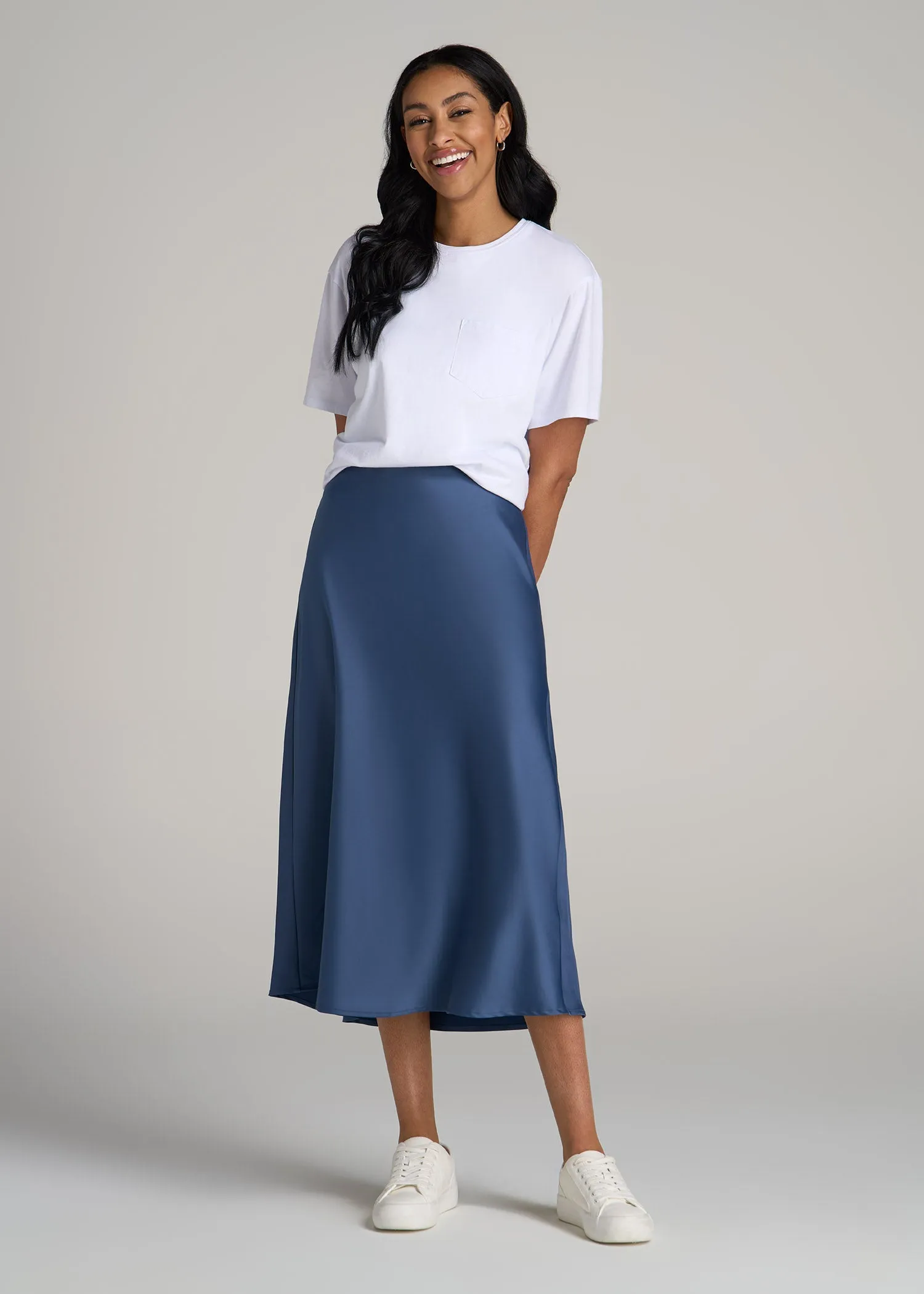 Pull-On Satin Midi Skirt for Tall Women in Steel Blue sold by American Tall product image thumbnail 4
