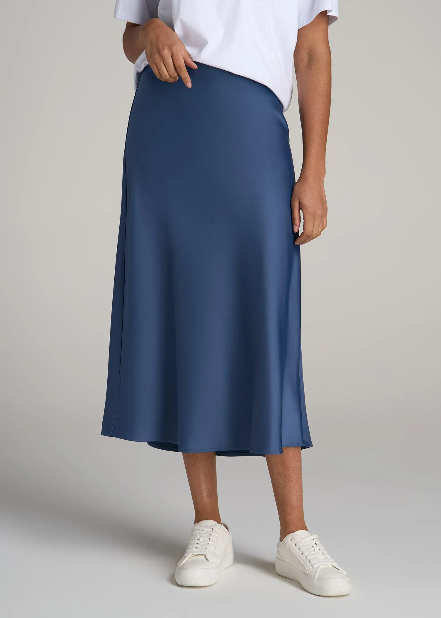 Pull-On Satin Midi Skirt for Tall Women in Steel Blue sold by American Tall
