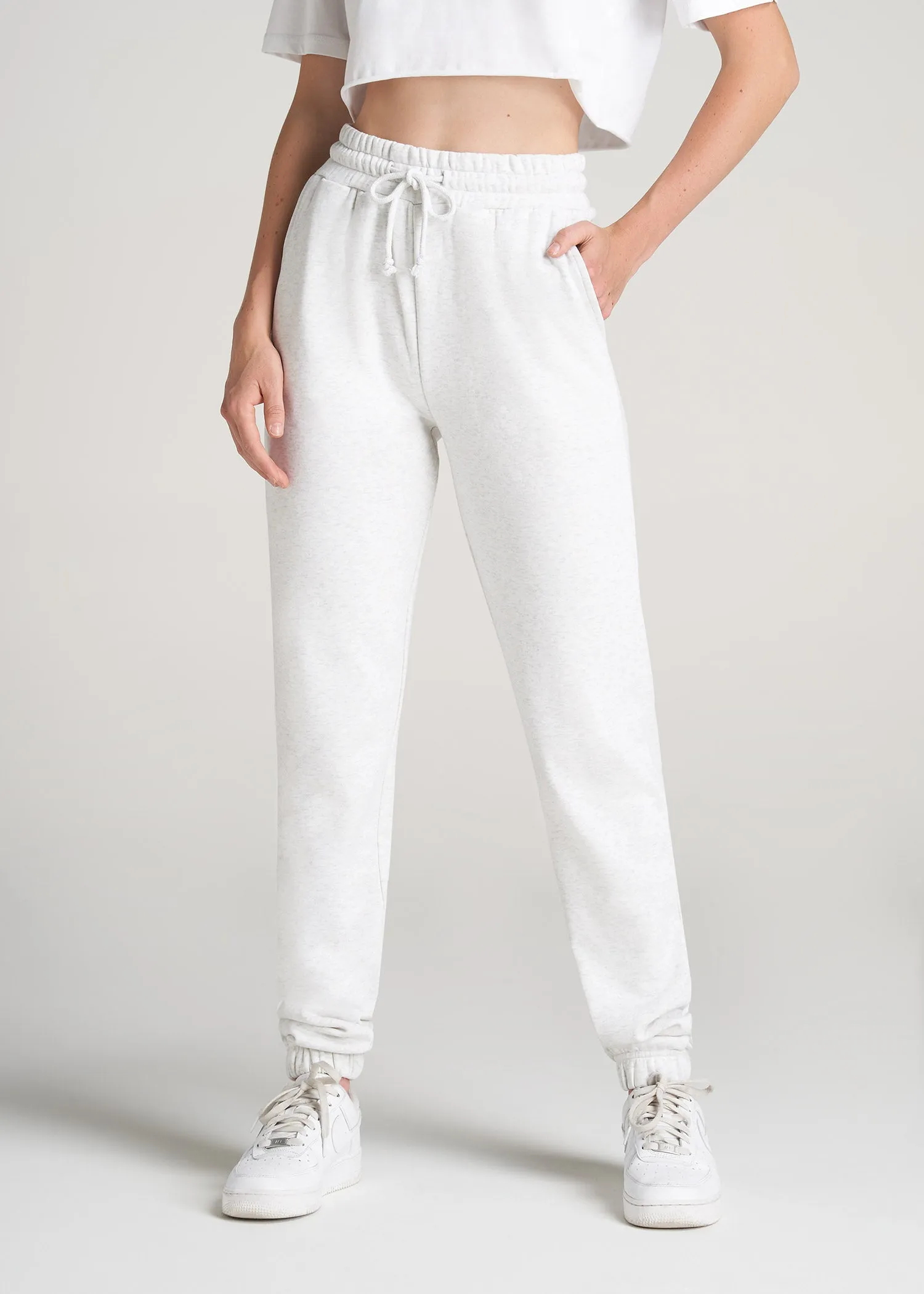 Wearever Fleece Slim Fit High-Waisted Garment Dye Sweatpants for Tall Women in Heather Cloud White sold by American Tall