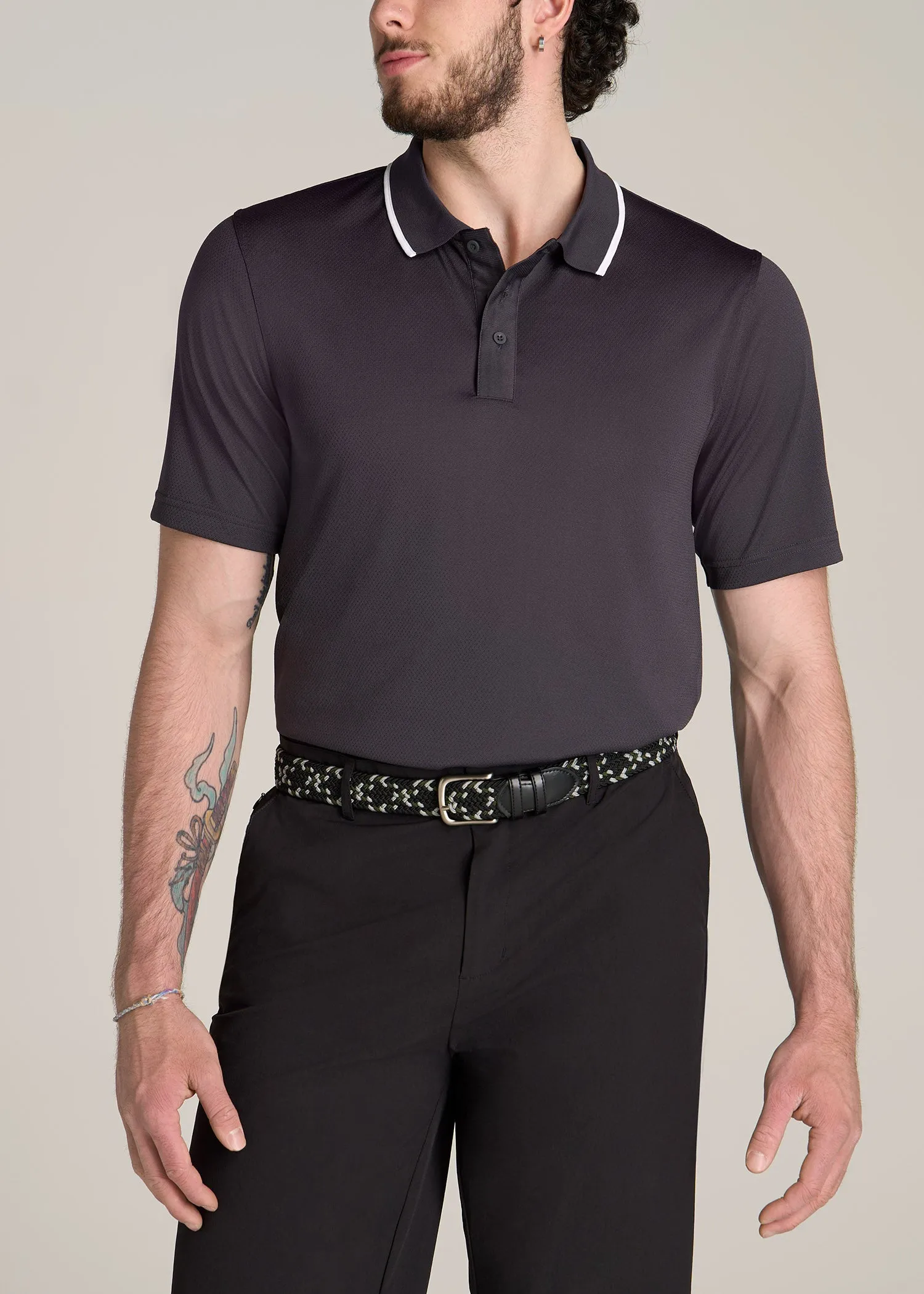 A.T. Performance Tipped Golf Polo for Tall Men in Charcoal sold by American Tall