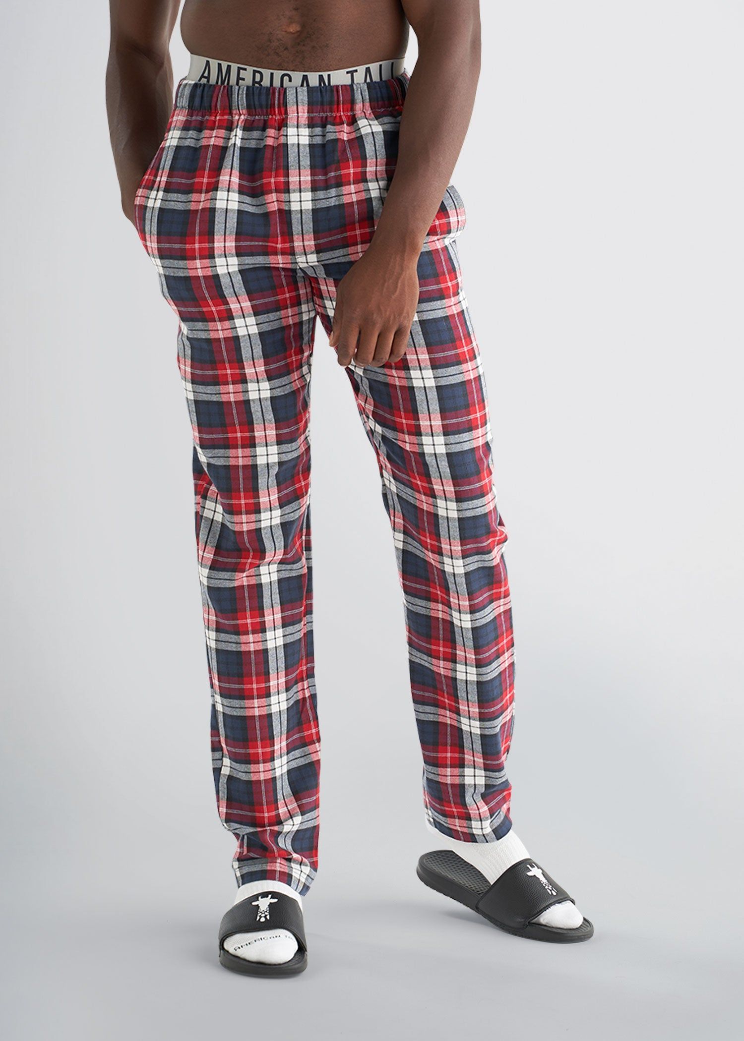 Plaid Pajama Pants for Tall Men in Red & Navy Plaid sold by American Tall