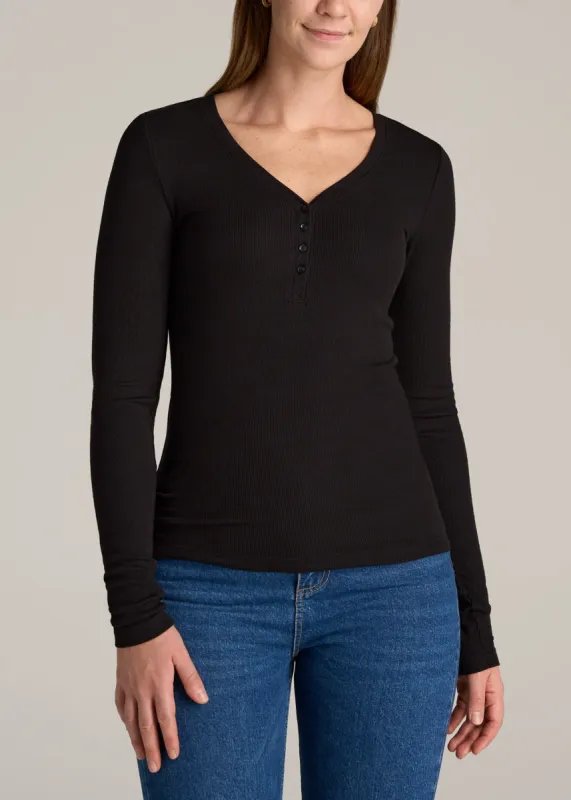 Tall Women's FITTED Ribbed Long Sleeve Henley in Black sold by American Tall