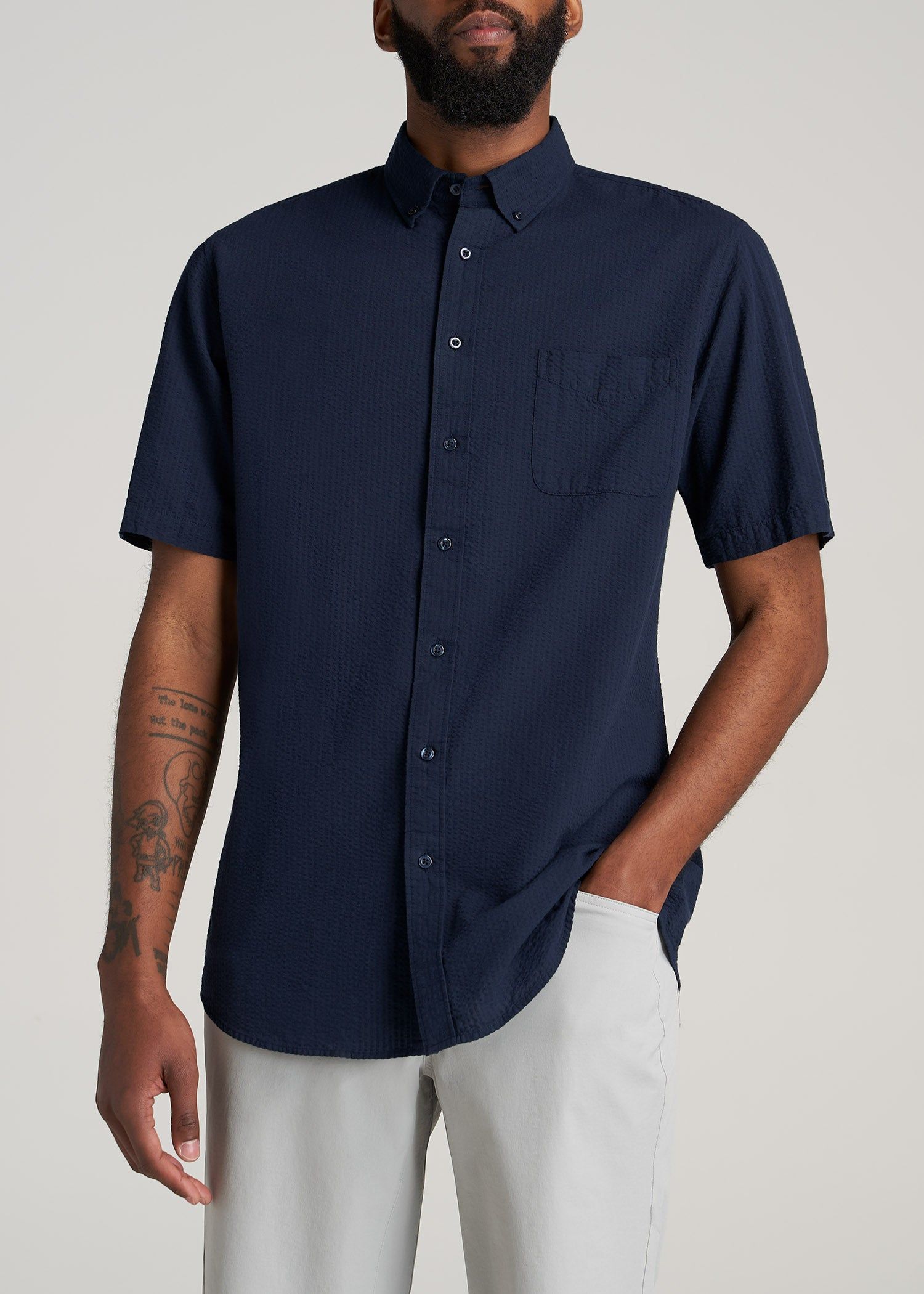 Seersucker Tall Men's Short Sleeve Shirt in Navy sold by American Tall
