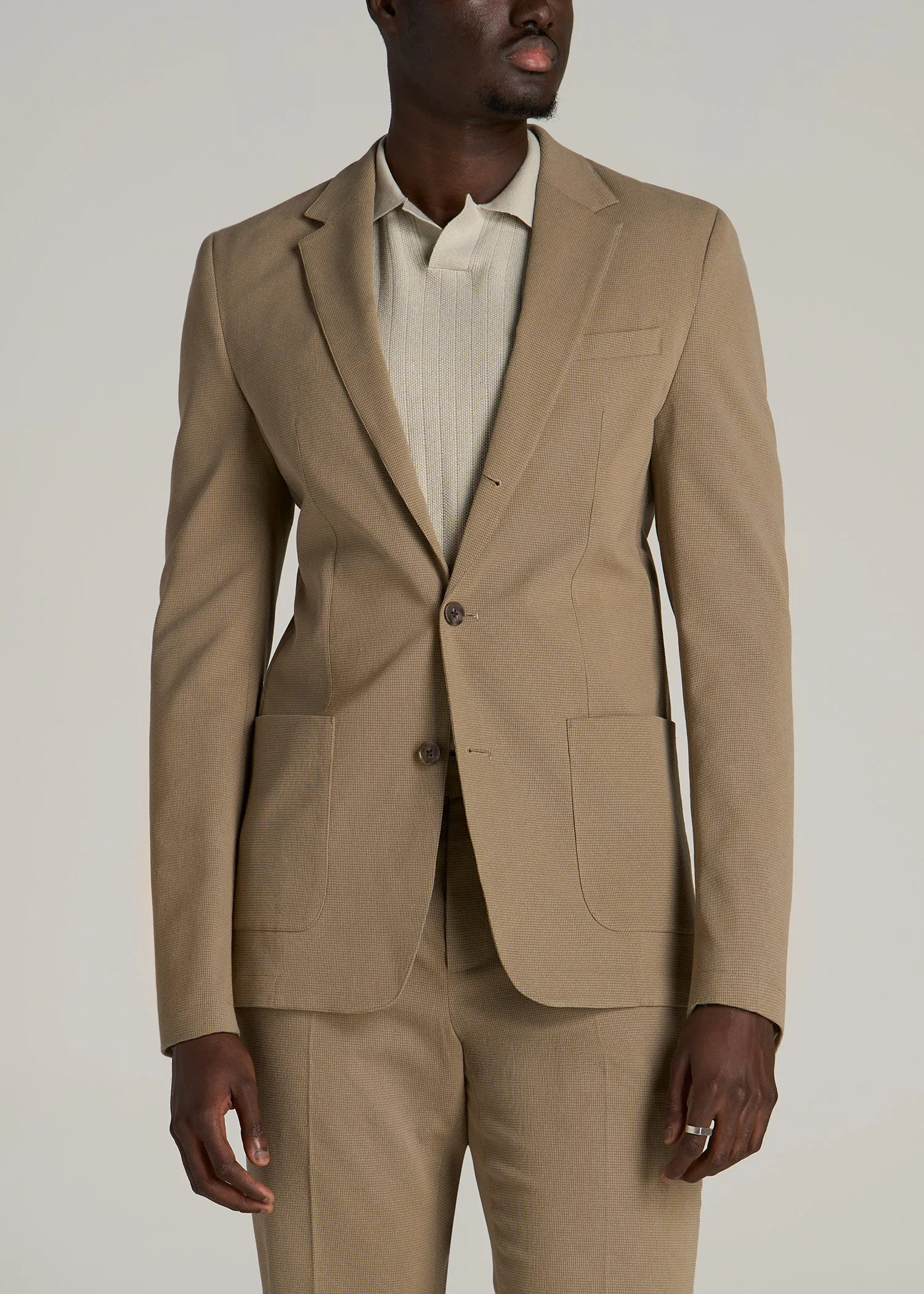 Textured Garment Washed Stretch Cotton Blazer for Tall Men in Desert Khaki sold by American Tall