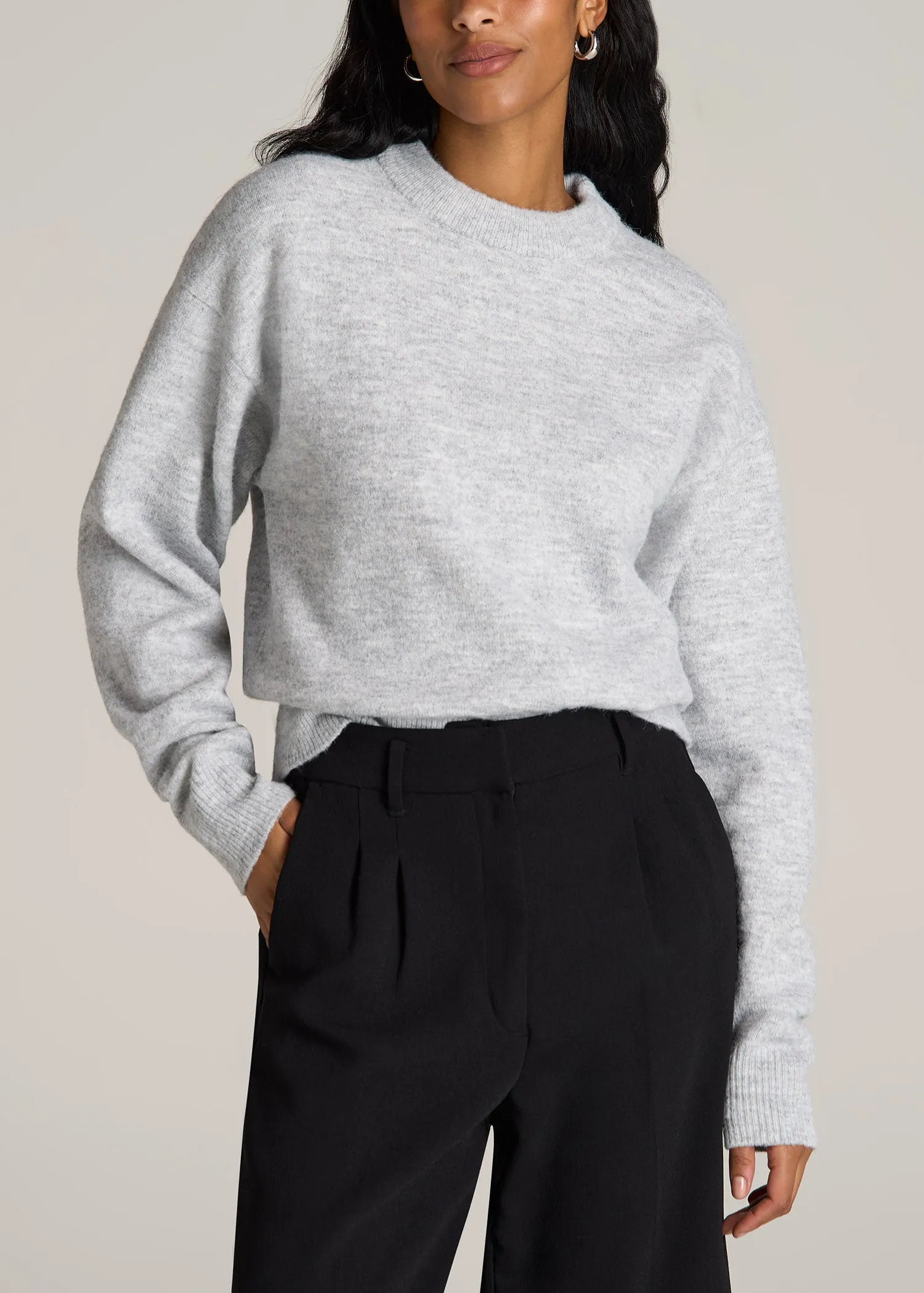 Relaxed Crewneck Wool Blend Sweater for Tall Women in Grey Mix sold by American Tall