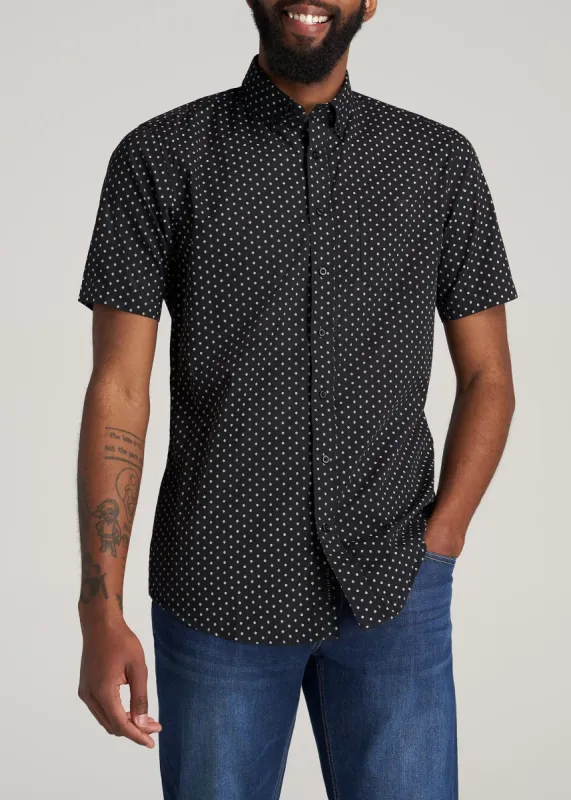 Woven Print Short Sleeve Shirt for Tall Men in Black Mini Geometric Print sold by American Tall