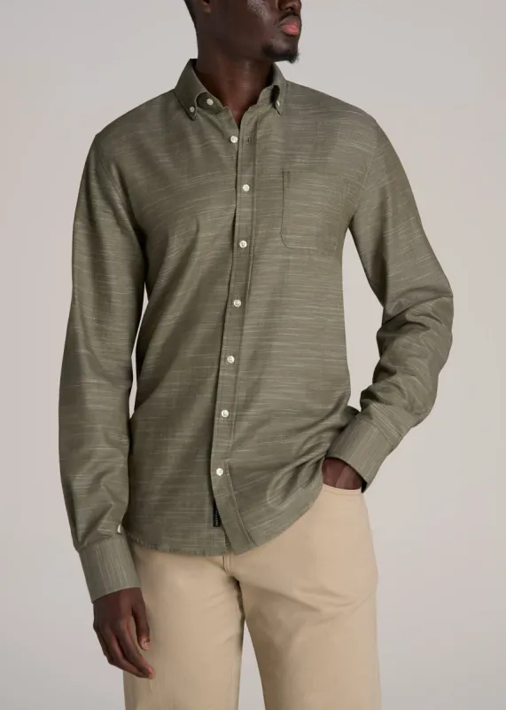 Textured Weave Cotton Button-Up Shirt for Tall Men in Olive sold by American Tall