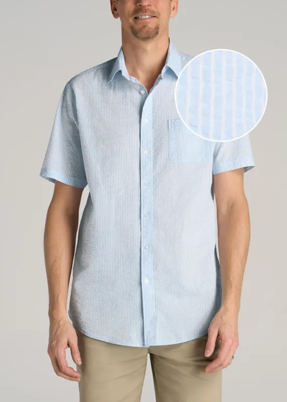 Seersucker Tall Men's Short Sleeve Shirt in Light Blue Stripe sold by American Tall