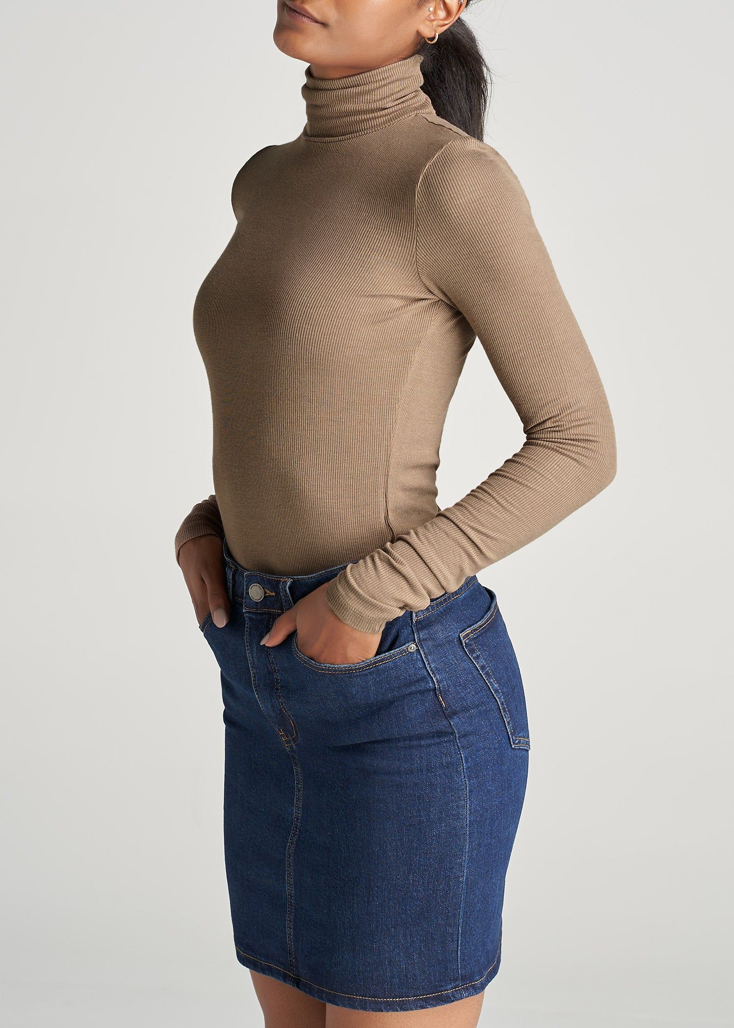 Tall Women's FITTED Long Sleeve Ribbed Turtleneck Tee in Latte sold by American Tall product image thumbnail 3